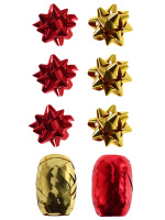 Набор для оформления подарков Золото и красный глянец 6 бантов + 2 ленты 5мм*10м БЛ-0387