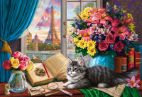 Алмазная мозаика 40*50 Котёнок и парижский натюрморт (на подрамнике частичная выкладка 35цв)