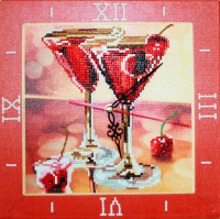 Алмазные часы 30*30 Вишневое мартини (холст на подрамнике, акриловые тразы, стик, клей, часовой мех)