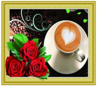 Алмазная Мозайка 40*50 7D Чашка Кофе с Розами (холст на подрамнике, круглые стразы, стилус)