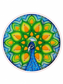 Алмазная мозаика круглая d 24см Павлин (подрамник, частичное заполнение, камни разной формы)