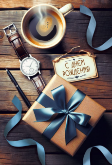 Открытка А5 С днем рождения! (подарок с синим бантом) мужская 70000436