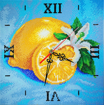 Алмазные часы 30*30 Лимонная фантазия (холст на подрамнике, акриловые тразы, стик, клей, часовой мех